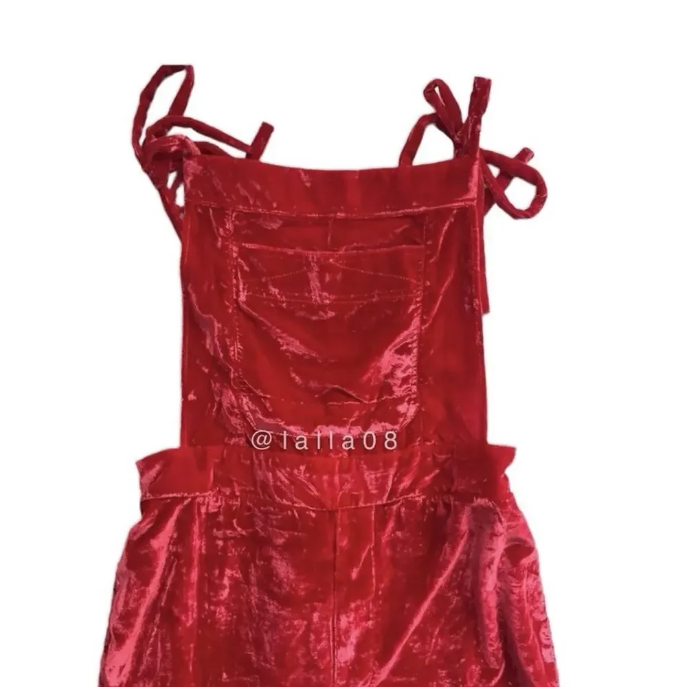 Free People Eva Velvet Overalls Red Wide Leg Jumpsuit Small Bohemian Holiday F4